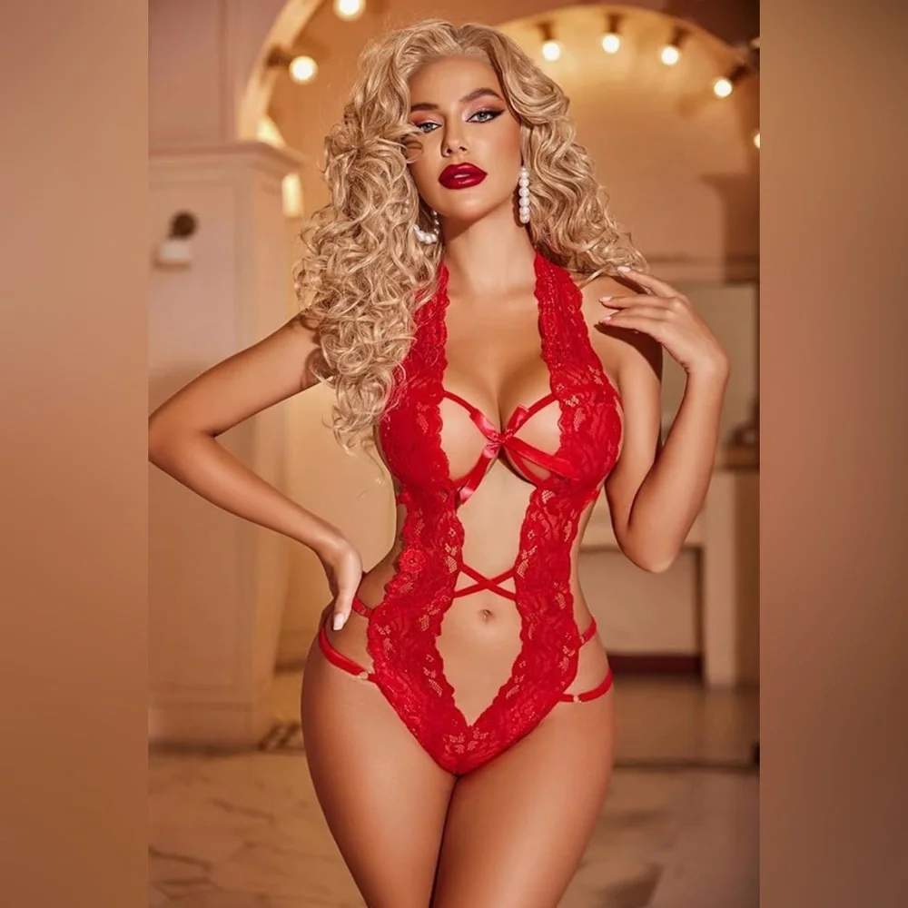 Red Lace Halter Teddy Bodysuit Deep V Strappy Lingerie Babydoll - Picture 5 of 8